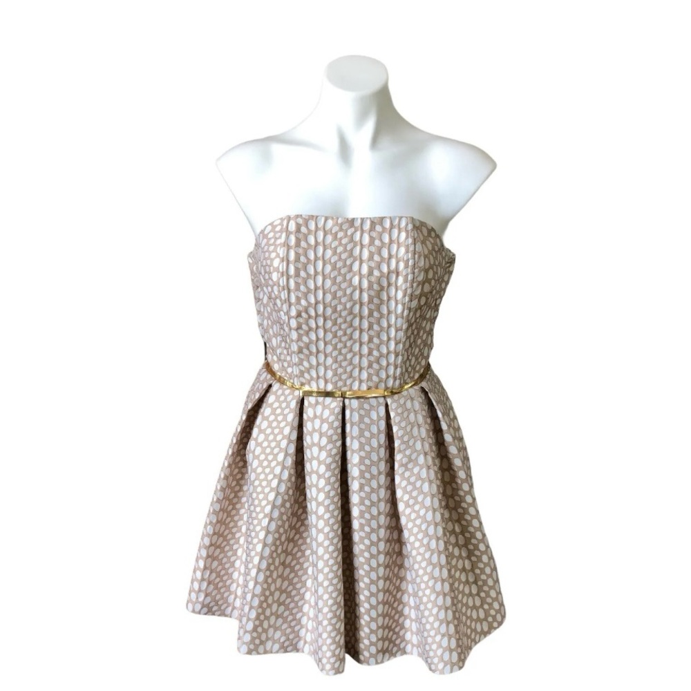 MIU MIU Small Strapless Fit & Flare Mini Dress Silk Blend Gold and Ivory